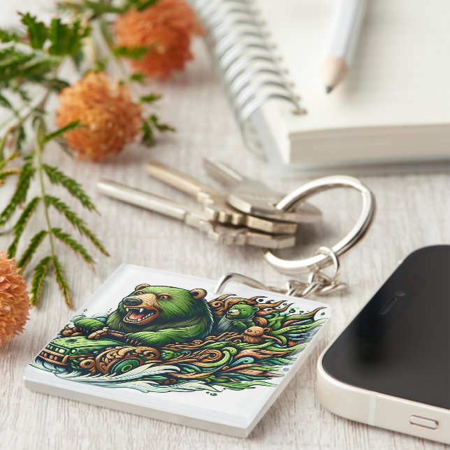 Animierte Bären fahren mit einem grünen Auto Schlüsselanhänger (Vorderseite rechts)