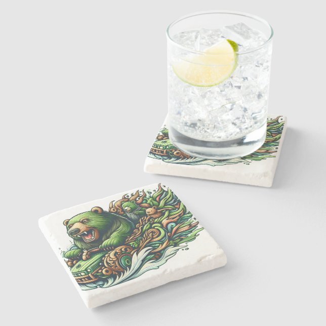 Animierte Bären fahren mit einem grünen Auto Steinuntersetzer (Seitenansicht)