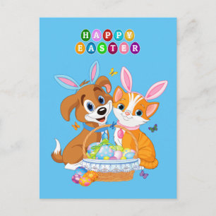 Animierter Osterhund und Katzenhintergrund Postkarte