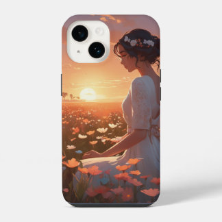 Animiertes Mädchen in Weiß, das in einem Blumenfel iPhone 14 Hülle