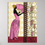 ANJANETTE: Art Déco Mode in Rosa und Gelb Poster<br><div class="desc">Anjanette ist eine weitere in unserer Silhouette-Serie. Sie steht jenseits des Vordergrundes von Deko-Eisen- und Glasarbeiten und vor einer Blumentapete - in weißer Silhouette - die mit dem Blumendesign auf ihrem Ventilator harmoniert. Ihr Kleid ist eine Umgestaltung eines Gewands aus dem Jahr 1913.</div>