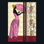 ANJANETTE: Art Déco Mode in Rosa und Gelb Poster<br><div class="desc">Anjanette ist eine weitere in unserer Silhouette-Serie. Sie steht jenseits des Vordergrundes von Deko-Eisen- und Glasarbeiten und vor einer Blumentapete - in weißer Silhouette - die mit dem Blumendesign auf ihrem Ventilator harmoniert. Ihr Kleid ist eine Umgestaltung eines Gewands aus dem Jahr 1913.</div>