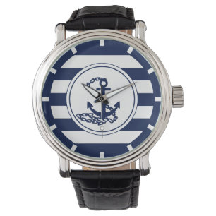 Anker auf dem Seemann von Nautical Blue und White  Armbanduhr