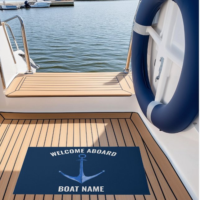 Anker Blau Rustikaler Bootsname  Fußmatte (Custom Boat Name Nautical Doormat with watercolor blue anchor)