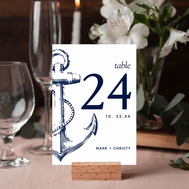 Anker der modernen Navy Tischnummer (Nautical anchor beach design on this table number card is perfect for your wedding reception decor.)
