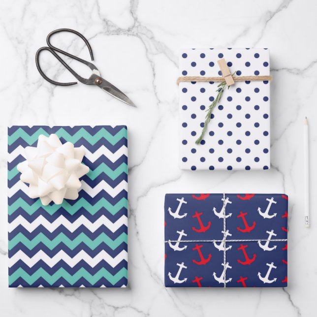 Anker der Nautischen Marine Niedlich Polka Dot Zig Geschenkpapier Set (Vorderseite)