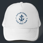 Anker für Vintage Nautikboote, blau und weiß Truckerkappe<br><div class="desc">Eleganter marineblauer Vintager nautischer Bootsanker mit individuellem blauen Text auf weißem Hintergrund.</div>