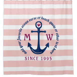 Anker-Herz-Rosa Stripes Seemonogramm-Logo Duschvorhang