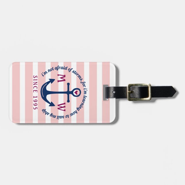 Anker-Herz-Rosa Stripes Seemonogramm-Logo Gepäckanhänger (Vorderseite horizontal)