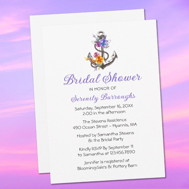 Anker Lila florales nautisches Brautparty Einladung (Von Creator hochgeladen)