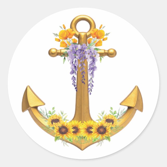 Anker mit Blumen Runder Aufkleber (Vorderseite)