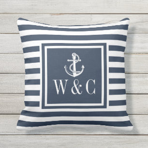 Anker mit Monogramm in Marineblau gestreift Kissen