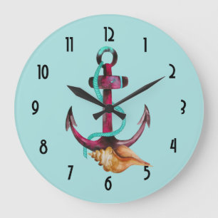 Anker mit Seil und Muschel in Wasserfarben Große Wanduhr
