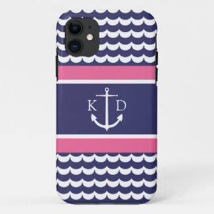 Anker mit Wellen und Monogramm-Marine u. Rosa iPhone 11 Hülle