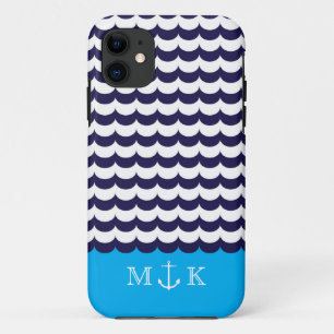 Anker mit Wellen und Monogramm-Marine u. Türkis Case-Mate iPhone Hülle