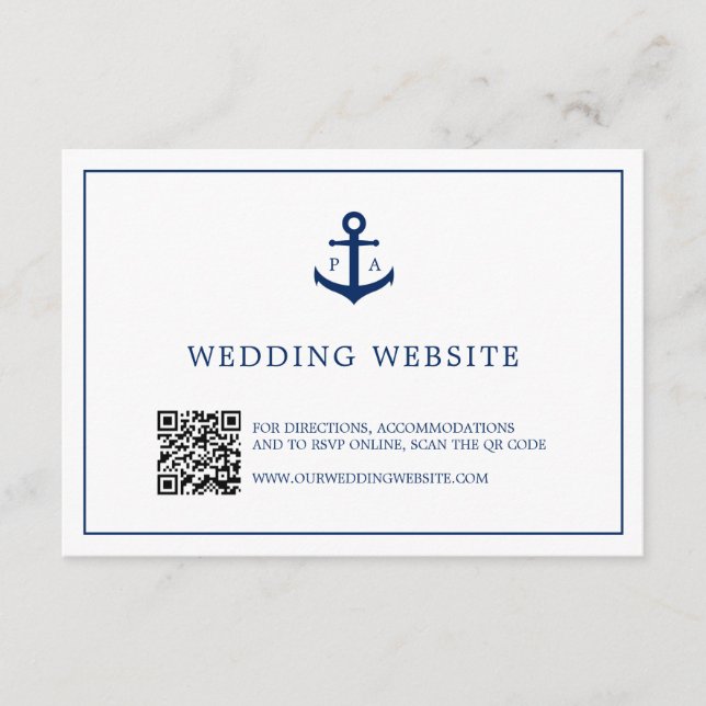 Anker Monogram QR Code Nautical Website Wedding Begleitkarte (Vorderseite)