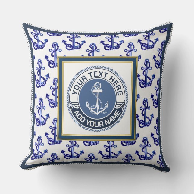 Anker-Monogramm-Muster und Blau-Weiß Kissen (Vorderseite)