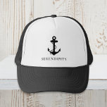 Anker-Monogramm-Schwarz des klassischen Bootes Truckerkappe<br><div class="desc">Nautical-themed schwarzer Hut mit einer Abbildung eines klassischen Ankeres und dem Namen Ihres Bootes in einfacher Typografie.</div>