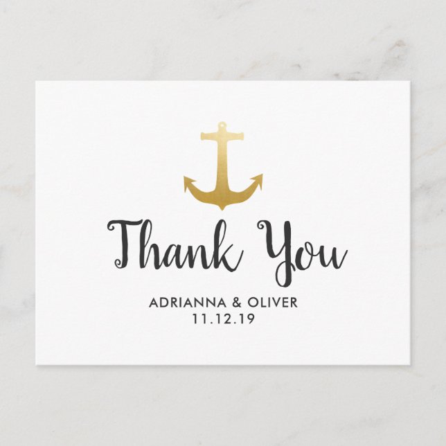 Anker Nautical Imitats Gold Foil | Hochzeit Danke Postkarte (Vorderseite)