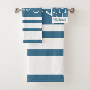 Anker Nautical Küste Blau Weiße Streifen Name Badhandtuch Set
