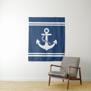 Anker Nautical Segeln Booten Weiß Navy Blau Wandteppich