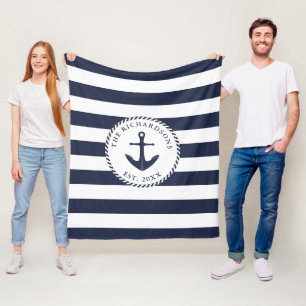 Anker Navy Blue und White Striping Nautical Family Fleecedecke