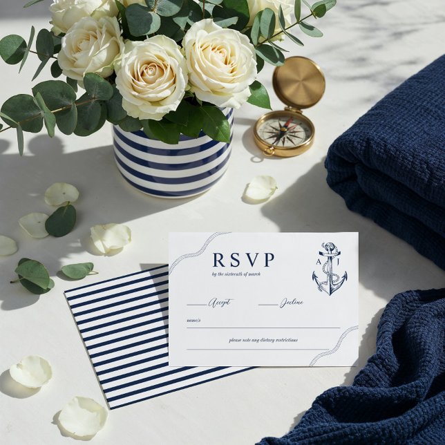 Anker & Seile Nautische Monogramm Navy & White RSVP Karte (Anchor & Rope Nautical Monogram Navy & White RSVP Card)