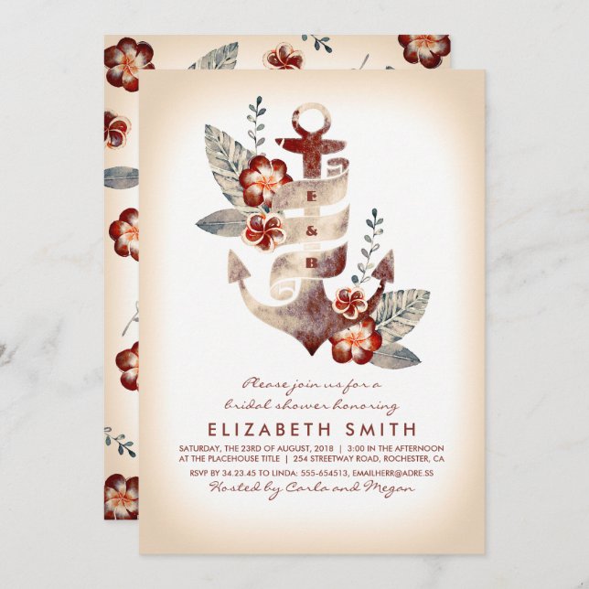 Anker-Strand-tropisches nautischBrautparty Einladung (Vorne/Hinten)