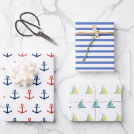 Anker, Streifen und Segelboot Geschenkpapier Set