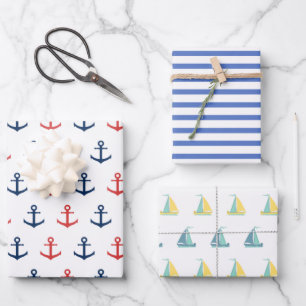Anker, Streifen und Segelboot  Geschenkpapier Set