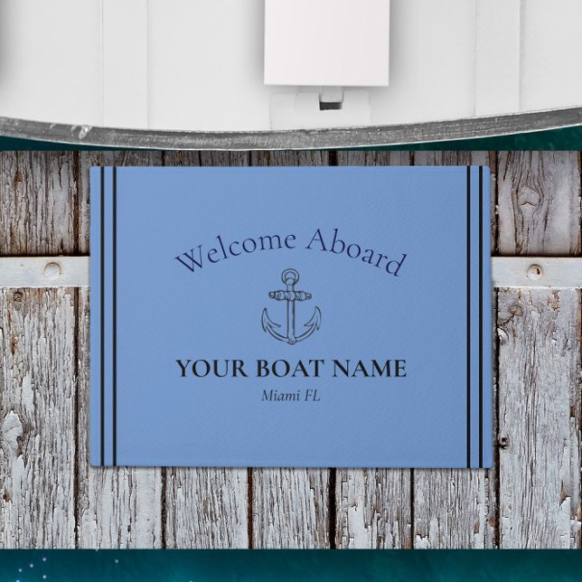 Anker und Name des Schiffes Cornflower Blue Nautic Fußmatte (Personalized Boat Welcome Matt in Ocean Blue with Your Boat Name and Home Port)
