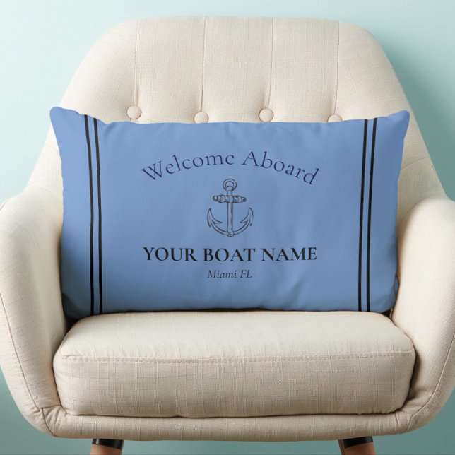Anker und Name des Schiffes Cornflower Blue Nautic Lendenkissen (Personalized Nautical Lumbar Pillow with Your Boat Name and Home Port in Cornflower Blue)