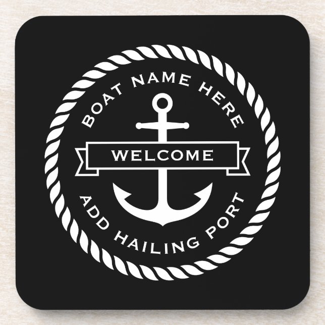 Anker und Seil Boot Name Heimathafen Willkommen Getränkeuntersetzer (Vorderseite)