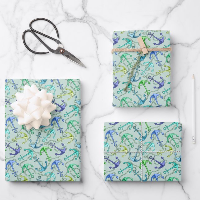 Anker und Wellenmuster Geschenkpapier Set (Vorderseite)