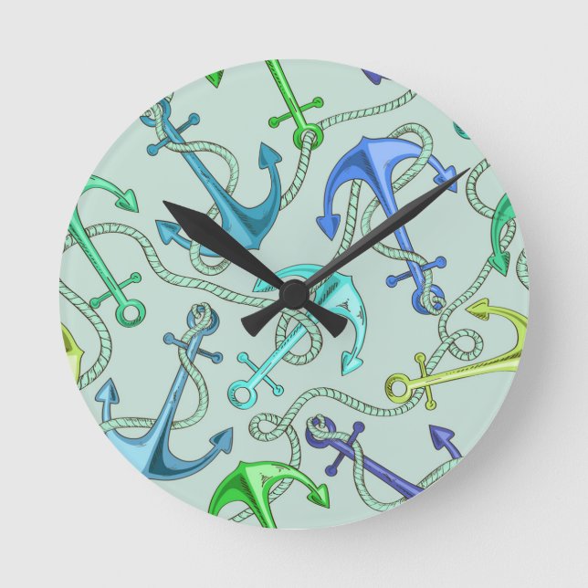 Anker und Wellenmuster Runde Wanduhr (Vorderseite)