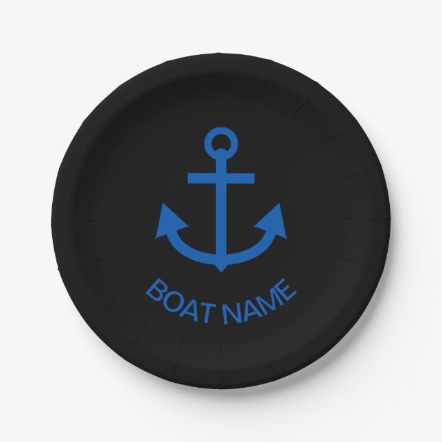 Ankerblau Personalisiert Ihr Bootsname Schwarz Pappteller (Vorderseite)