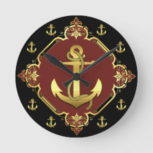 Ankergold/schwarze Silhouette/rot des Schiffes Runde Wanduhr