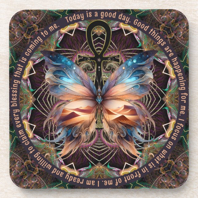 Ankh Butterfly Life Symbol Mandala Affirmation Getränkeuntersetzer (Vorderseite)