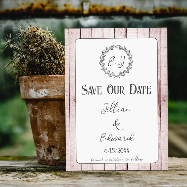 Ankündigung Datum freihalten (Pink Rustic Monogram Save the Date)