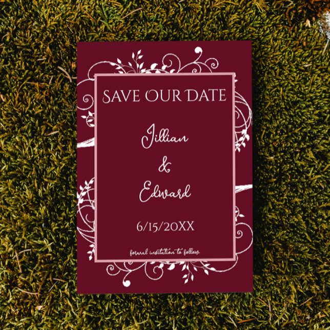Ankündigung Datum freihalten (Wine Red Flourish Save the Date Wedding Announcement)