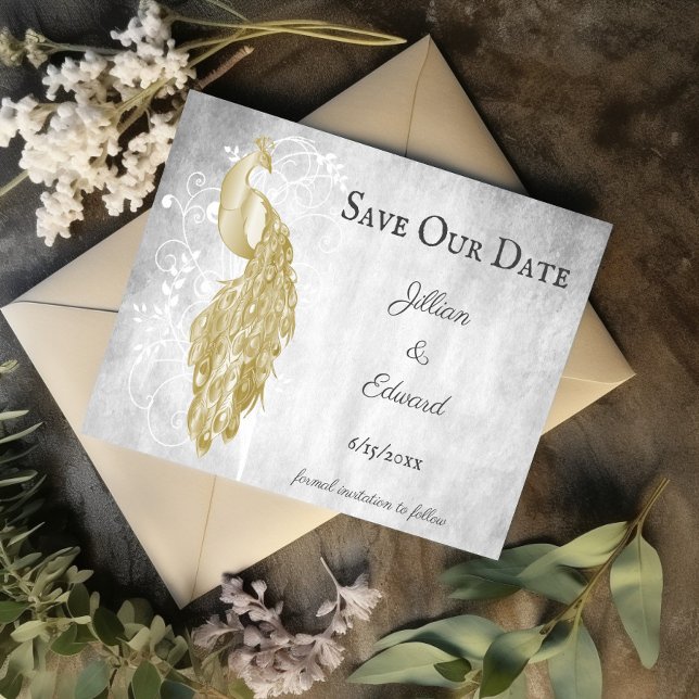Ankündigung Datum freihalten (Gold Peacock Save the Date)