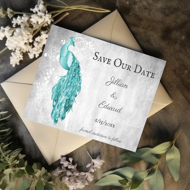 Ankündigung Datum freihalten (Teal Peacock Save the Date)