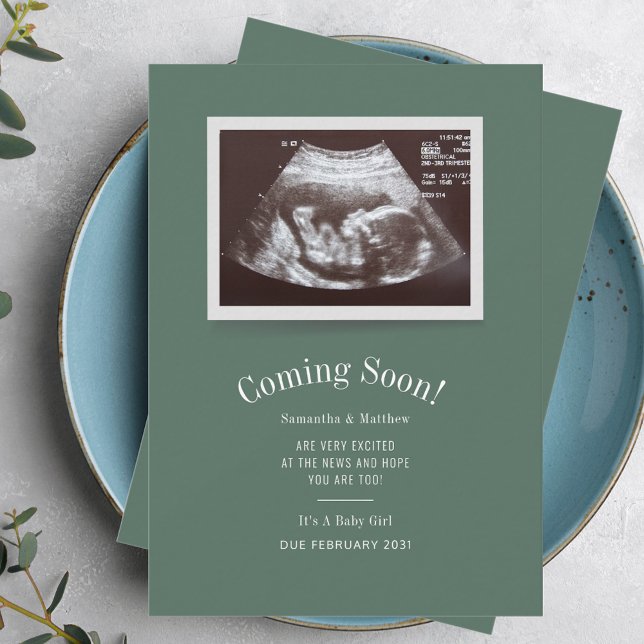 Ankündigung der Schwangerschaft im Kindesalter (Pregnancy Announcement Sonogram Baby Scan Green Custom Photo Card)