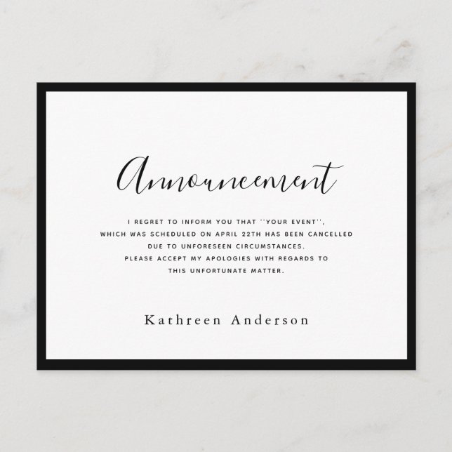 Ankündigung der Stornierung eines weißen Skripts P Postkarte (Vorderseite)