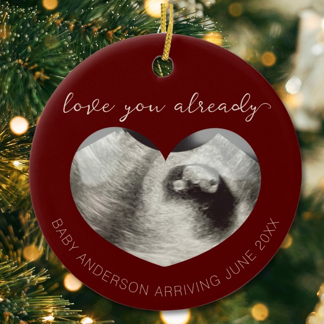Ankündigung der UltraschallSchwangerschaft Keepake Keramik Ornament ("love you already" ultrasound sonogram heart shape pregnancy reveal announcement christmas ornament)