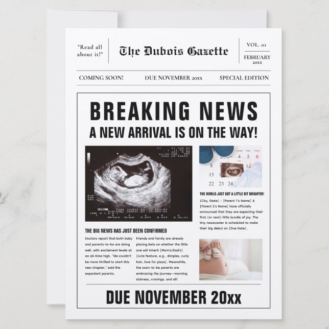 Ankündigung der Zeitung Baby Reveal Schwangerschaf (Vorderseite)