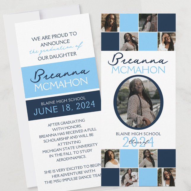 Ankündigung des 9-Foto-Abschlusses von Baby Blue & (White, Light Blue and Navy Blue 9 Photo Formal Elegant Graduation Announcements)