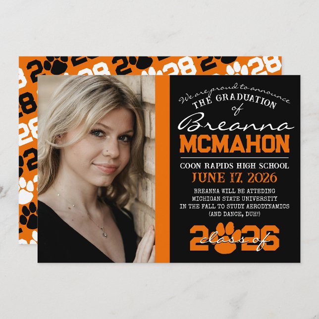 Ankündigung des Abschlusses "Black & Orange Paw Pr (Repeating Class Year 1 & 2 Photo Graduation Invitations & Announcements (Paw Print Version))