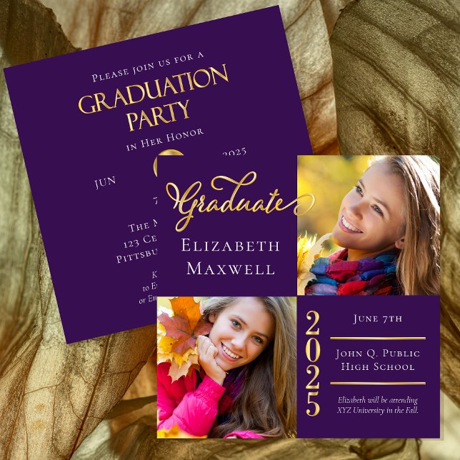 Ankündigung des Abschlusses für lila Gold-Foto | P (Purple and Gold Tone Two Photo Collage 2025 Graduation Announcement | Party Invitation Combination)