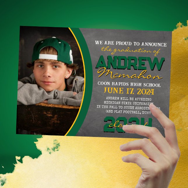Ankündigung des Abschlusses "Green and Gold Chalkb (Green and Gold 1 Photo Chalkboard Graduation Announcements)